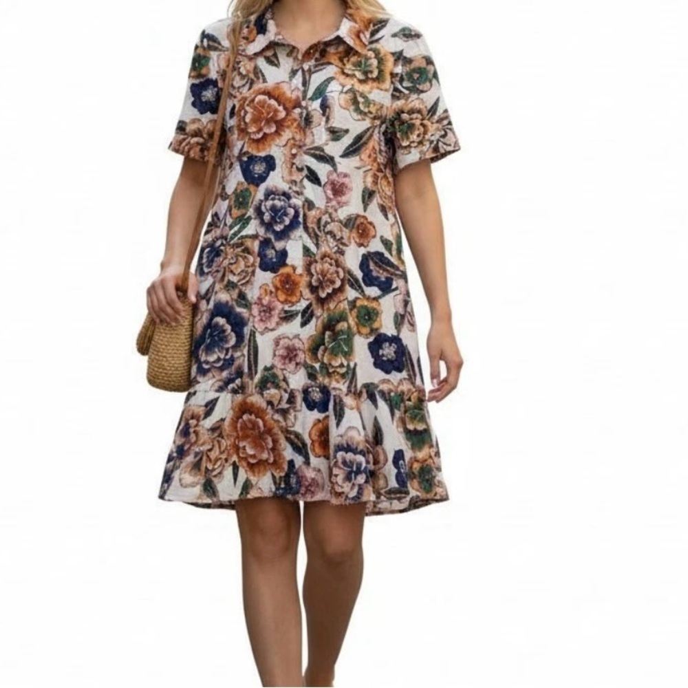 JOIE Boho Retro Floral Ruffle Hem Collared Mini Dress